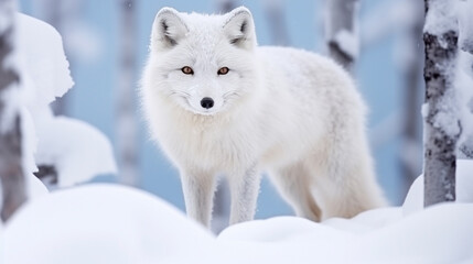Wall Mural - White arctic fox Vulpes Lagopus in the snow in the Arctic. Snow Fox lying on Arctic. generative ai