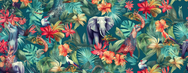 Tropical exotic pattern with animal and flowers in bright colors and lush vegetation. Ai Generative.