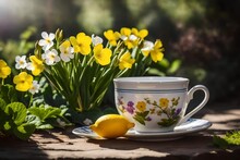 Primrose Flowers In A Springtime Garden With A Lemon Tea Cup