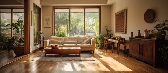 Wall Mural - A wooden-floored living room with a large mirror above the couch also has a small dining table.