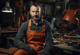 Portrait of a carpenter in old dark kaki work clothes and orange leather apron sits near work tool desk in a workshop