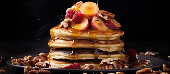 Canvas Print - Delicious pancake stack with bacon, honey, nuts, and caramelized banana.