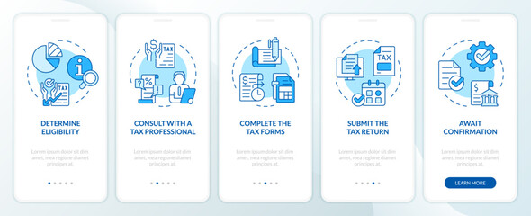 Wall Mural - apply for tax credits blue onboarding mobile app screen. tax policy walkthrough 5 steps editable gra