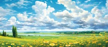 Summer Sky, Against A Stunning Landscape Of Green And Gold Fields, A Beautiful Bouquet Of Colorful Flowers Illuminates The Background, Adding To The Natural Beauty Of The Spring Season, While The Sun