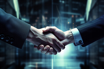 Wall Mural - handshake zoom view of businessmen for agreement of business negotiation or cooperation meeting between two companies isolated on a blurry background. Generative AI.