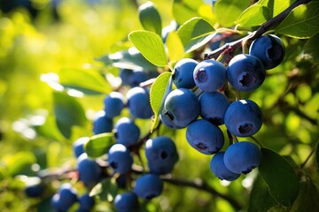 Wall Mural - Ripe blueberries on the branches of a bush in the garden.