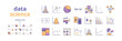 A set of data analytics icons. Linear regression, distribution density, heat map, testing, time series, correlation coefficient, classification, regression analysis, linked data, clustering, trends.