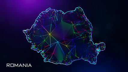 Wall Mural - futuristic sweet romania map polygonal blue purple colorful connected lines and dots wireframe netwo