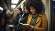 Young African woman reading a book on the subway created with Generative AI.