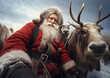 santa clause wearing red jacket, taking photo of reindeer, in the style of energetic, multiple filter effect, Aleksey savrasov, wildlife photography, emotive faces, wide angle lens, donald pass