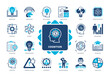 © Genestro - Cognition icon set. Learning, Imagination, Experience, Knowledge, Philosophy, Development, Memory, Problem Solving. Duotone color solid icons