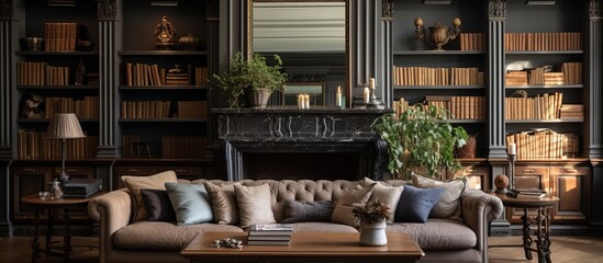 Traditional living room featuring couches and shelves for books