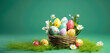 Mini Easter egg wicker basket with colorful eggs on turquoise