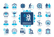 Gerontology icon set. Aging, Society, Elderly People, Demographics, Psychology, Nursing Home, Geriatrics, Cognitivity. Duotone color solid icons