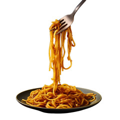 Twirled spaghetti with sauce being lifted from a plate on a fork, transparent background.