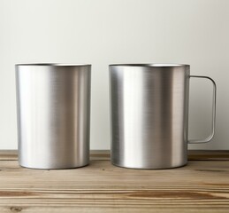 Poster - Two stainless steel mugs on a wooden table. Generative AI.