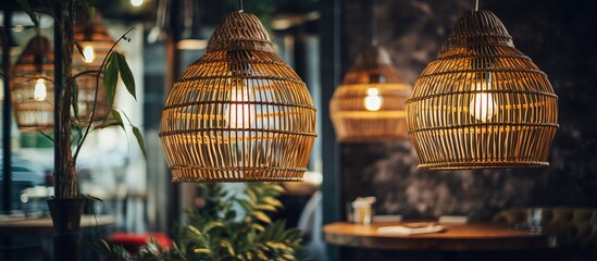 Wall Mural - Cafe adorned with vintage rattan lampshades