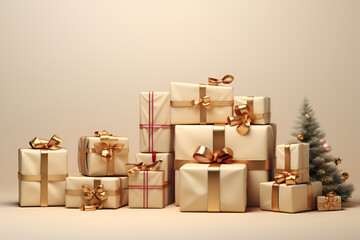 Wall Mural - A set of gifts in New Year's packaging, festive mood. Gold-colored packaging. Space for design.