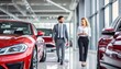 © Marko - Car seller in suit walking around car salon with customer who wants to buy a car and talking about specifications of cars