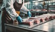© Marko - The hands of a meat factory worker pack the meat into the plastic foil on the machine
