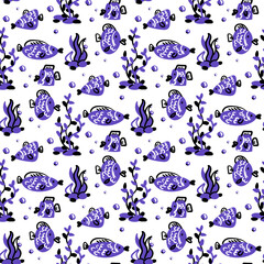 Wall Mural - Seamless background with decorative purple small fish. Marine theme with fish and algae floating in different directions. Bright elements on a white background. Color spots, contour. Ornament Printing