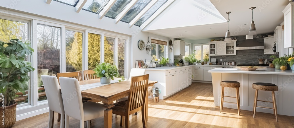 Bright kitchen with skylight wooden interior hardwood floor dining room ...