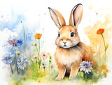 Fototapeta Na drzwi - a watercolor of a rabbit in a field of flowers