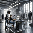 Clipart image of a fashion design studio with two designers, a Black male and a Caucasian female, collaborating on a lookbook. The studio is designed .png Generative AI