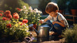 Children's gardening. A little boy with a watering can in a blooming sunny garden.