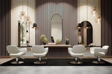 A luxurious and modern hair salon interior with clean design, mirrors, and comfortable seating.