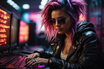 A beautiful smart informal hacker woman with bright dyed pink hair and wearing sunglasses, a black leather jacket works on a computer, hacks websites. Cybercrime, illegal actions concepts.