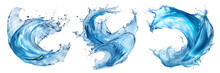 Set Of Blue Water Splashes Swirl Wave On Transparent Background.