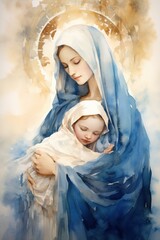 Wall Mural - Holy Nativity: Maria and Baby Jesus Depicted in Watercolor Style Illustration