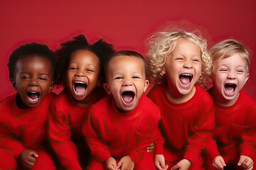 Wall Mural - Kids with smile and delight in soft red clothes.