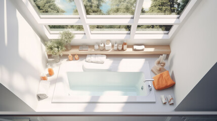 Wall Mural - White modern bathroom with silver fittings with large sunny windows, decorations and plants. Interior design concept. Soft selective focus. Top view