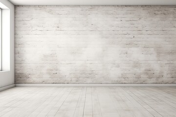 White brick wall and white wooden floor with copy space for add text