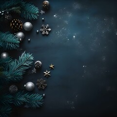 Christmas and New Year background with elements for decor and decoration of the room, New Year tree in black and gold colors: screensaver, postcard, congratulation, winter December holiday