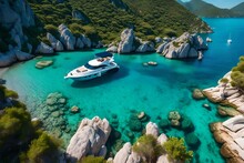 Speed Boat On Blue Aea At Sunrise In Summer. Aerial View Of Motorboat In Blue Lagoon, Rocks In Clear Azure Watar, Tropical Landscape With Vacht, Mountain With Green Forest. Top View Oludeni