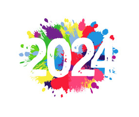 Wall Mural - Happy 2024, watercolor design. Happy New Year congrats. Colorful backdrop. Internet banner. Web icon. Hand drawing graphic style. Abstract background. Greeting card template. Creative symbol 20 24.