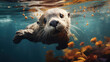 Beautiful otter swims underwater