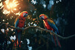 An atmospheric image capturing tropical birds in the soft glow of twilight, their tweets harmonizing with the sounds of the rainforest.