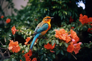 Aufkleber - A tropical bird sipping nectar from vibrant flowers, creating a fiesta of colors and movement in the midst of the lush vegetation.