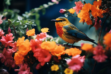 Aufkleber - A tropical bird sipping nectar from vibrant flowers, creating a fiesta of colors and movement in the midst of the lush vegetation.