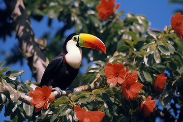 Aufkleber - A playful image of a toucan perched on a treetop, its beak peeking out in a teasing manner, adding a touch of whimsy to the tropical scene.