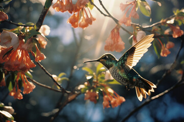 Poster - A close-up shot of hummingbirds hovering near tropical blooms, their iridescent hues creating a dazzling display in the sunlight.