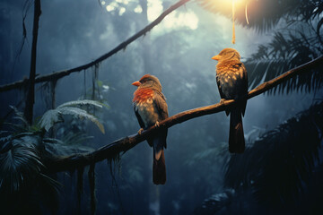 Poster - An expansive view of a panoramic scene with parrots perched on branches, their presence adding pops of color to the dense tropical foliage.