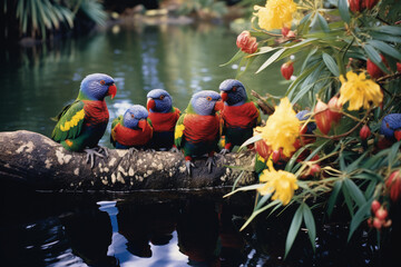Aufkleber - A picturesque scene of lorikeets gathered around a lagoon, their vibrant plumage reflecting in the calm waters of the tropical paradise.