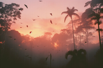 Poster - A tranquil scene of tropical birds soaring through the early morning sky, silhouetted against the hues of a sunrise in the rainforest.