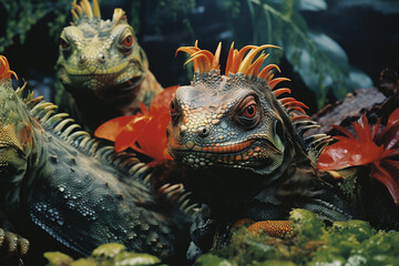 Leinwandbilder - An abstract depiction of iguanas engaged in intricate interplay, their forms merging with the textures of the tropical surroundings.