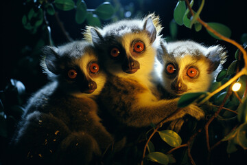 Leinwandbilder - An ethereal portrayal of luminous lemurs with glowing forms, their nocturnal presence adding a touch of magic to the tropical night.